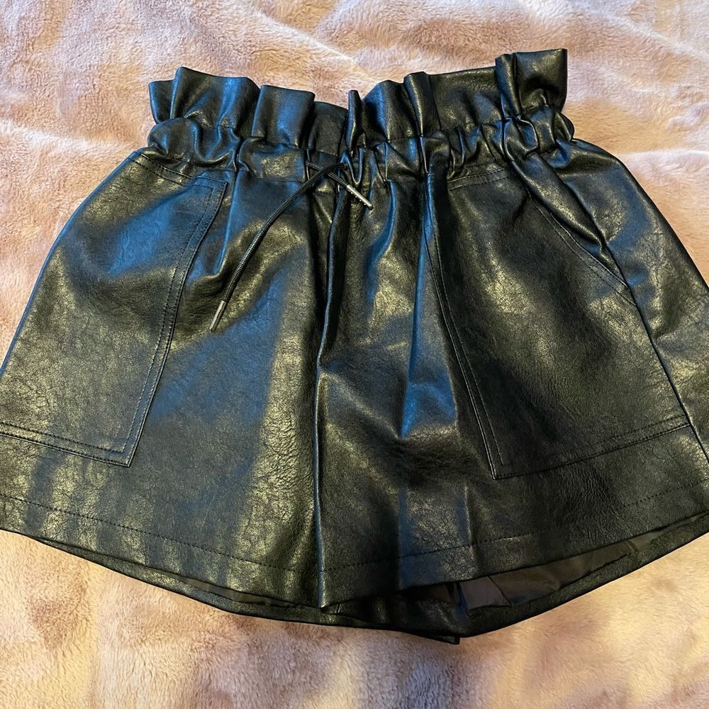 COMME Black Shorts Faux Leather Elasticated Pull Tie Waist- New with Tags